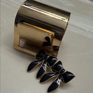 Gold Cuff Bracelet and Black Bow Earrings bundle